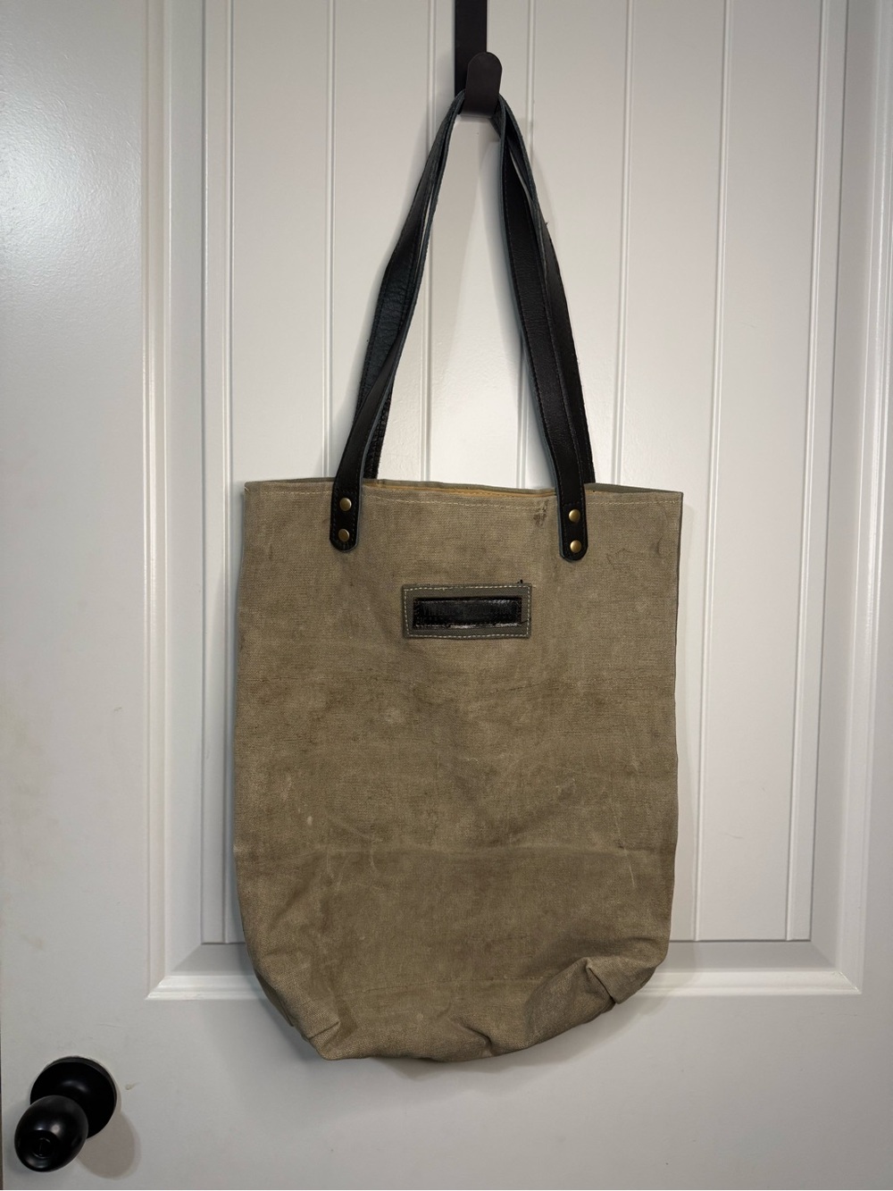 Canvas Hobo Tote in Olive with Black Handles and Green Accent Patch - Picture 4 of 8